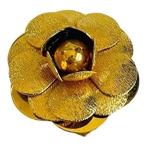 Vintage Gold Tone Camellia Flower Scarf Clip 1.5" Textured Brooch